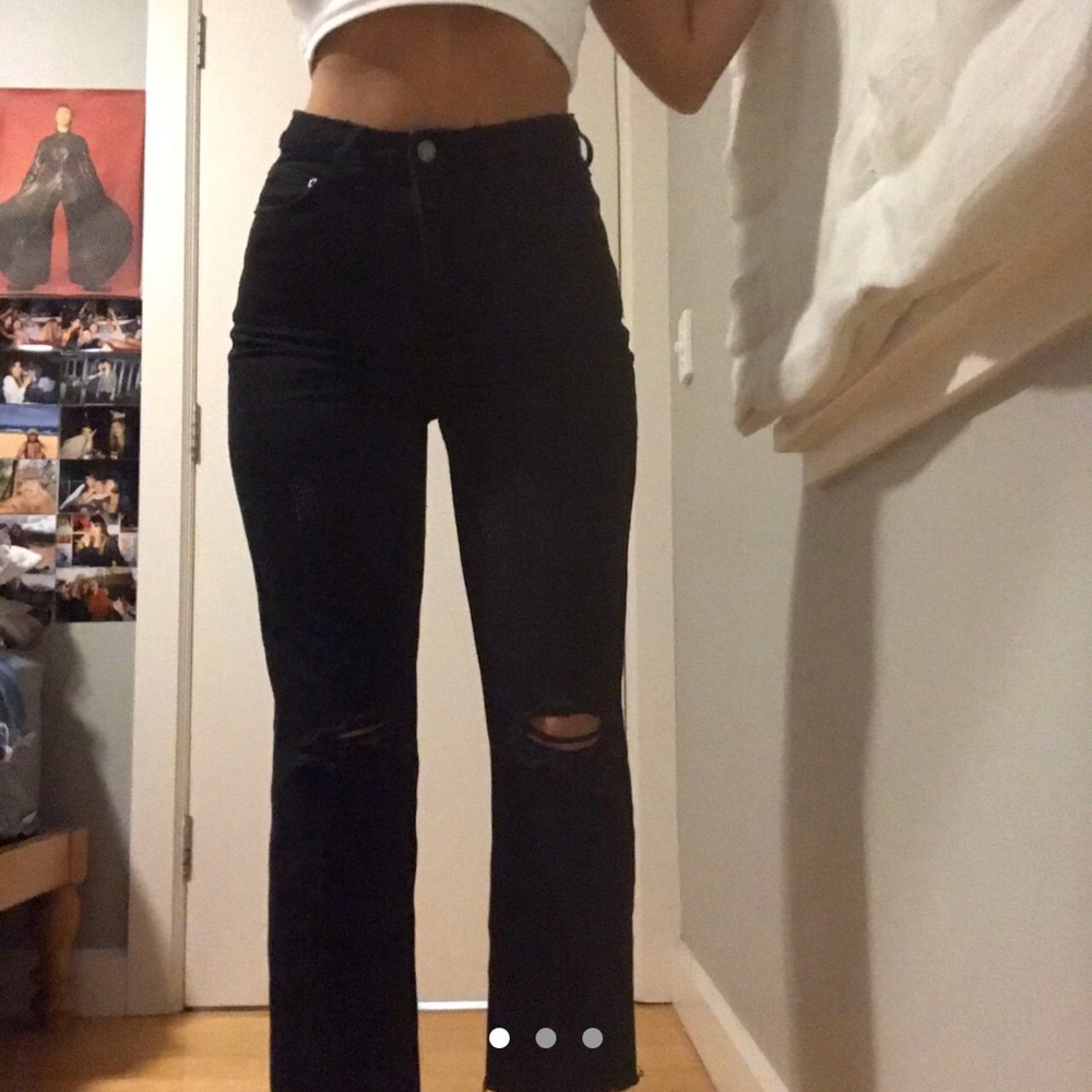 High Waisted Straight Leg Raw Hem Black Jeans